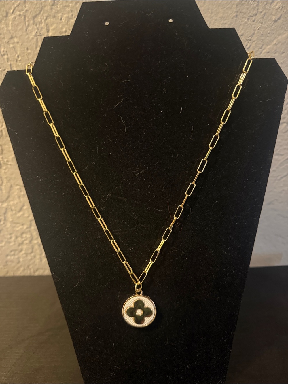 Inspired Gold Link Necklace with Gold and White Clover Medallion